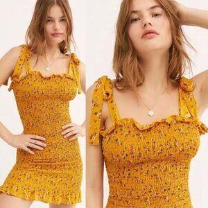NEW Free People Bella Smocked Slip Tie Strap Bodycon Mini Dress XS Yellow Gold
